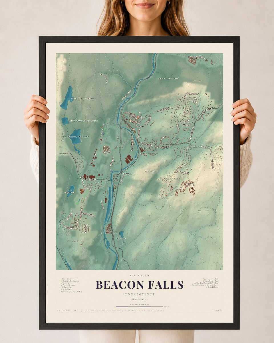 Beacon Falls, Connecticut map print, 24" x 36", W/ Black Ayous Wood Frame