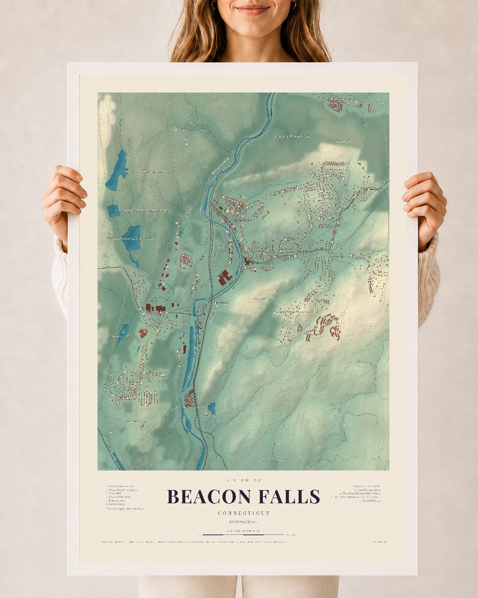 Beacon Falls, Connecticut map print, 24" x 36", W/ White Ayous Wood Frame