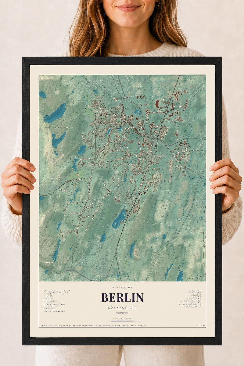 Berlin, Connecticut map print, 18" x 24", W/ Black Ayous Wood Frame