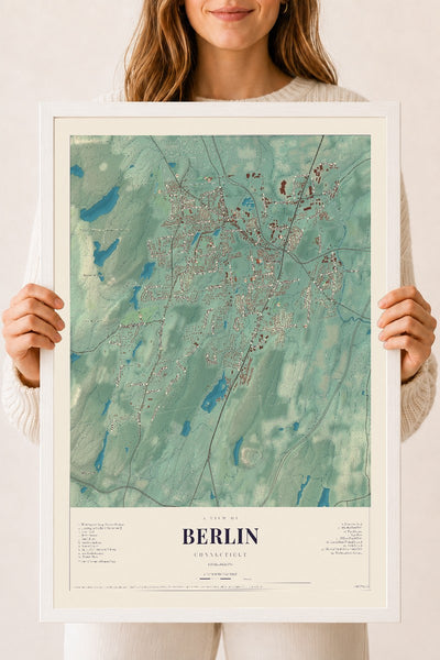 Berlin, Connecticut map print, 18" x 24", W/ White Ayous Wood Frame