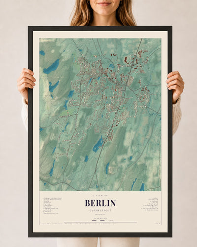 Berlin, Connecticut map print, 24" x 36", W/ Black Ayous Wood Frame