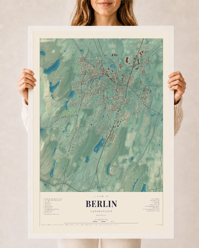 Berlin, Connecticut map print, 24" x 36", W/ White Ayous Wood Frame