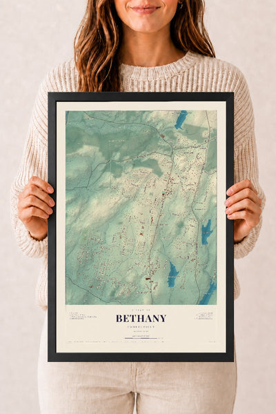 Bethany, Connecticut map print, 12" x 18", W/ Black Ayous Wood Frame