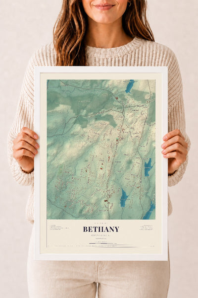 Bethany, Connecticut map print, 12" x 18", W/ White Ayous Wood Frame