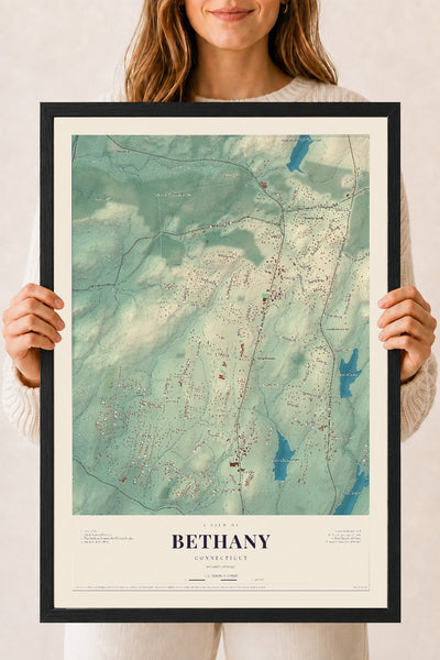 Bethany, Connecticut map print, 18" x 24", W/ Black Ayous Wood Frame