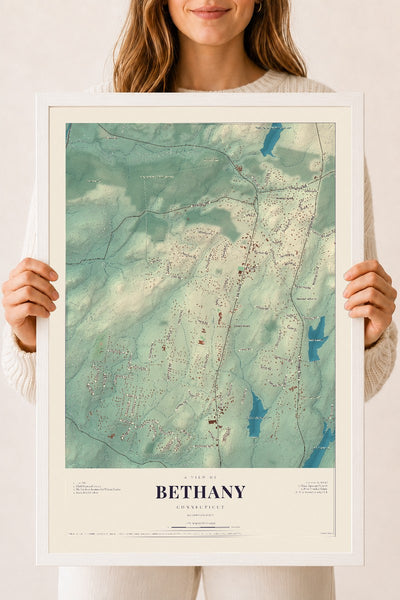 Bethany, Connecticut map print, 18" x 24", W/ White Ayous Wood Frame