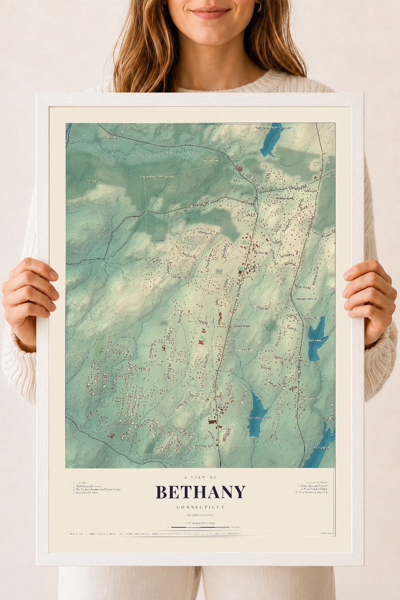 Bethany, Connecticut map print, 18" x 24", W/ White Ayous Wood Frame