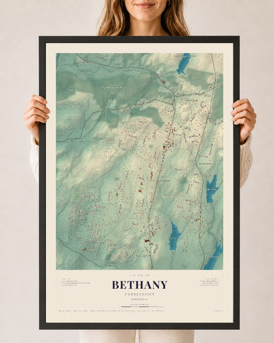 Bethany, Connecticut map print, 24" x 36", W/ Black Ayous Wood Frame
