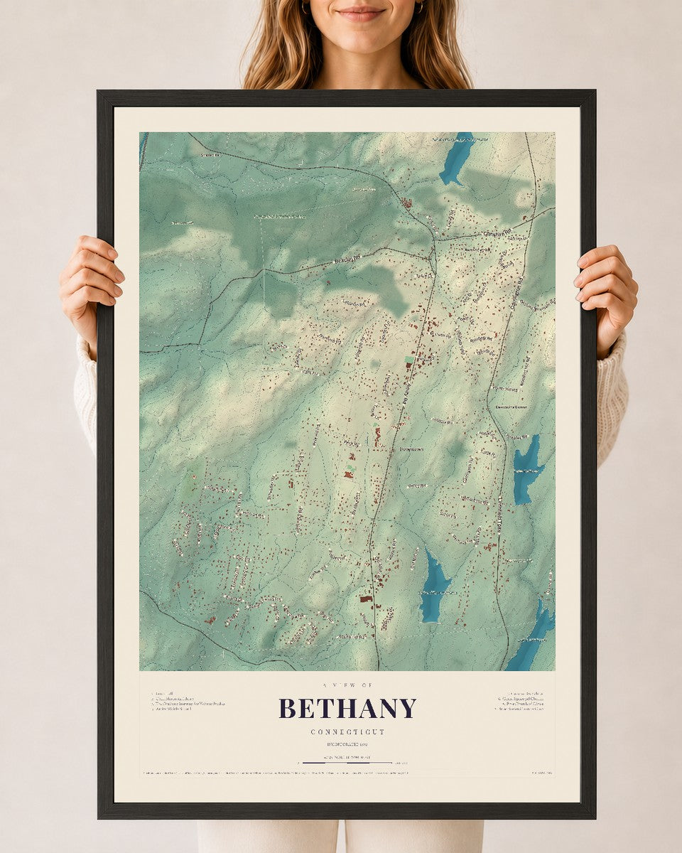 Bethany, Connecticut map print, 24" x 36", W/ Black Ayous Wood Frame
