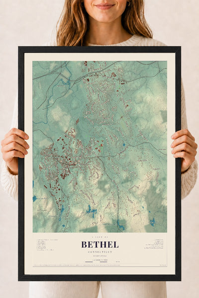 Bethel, Connecticut map print, 18" x 24", W/ Black Ayous Wood Frame