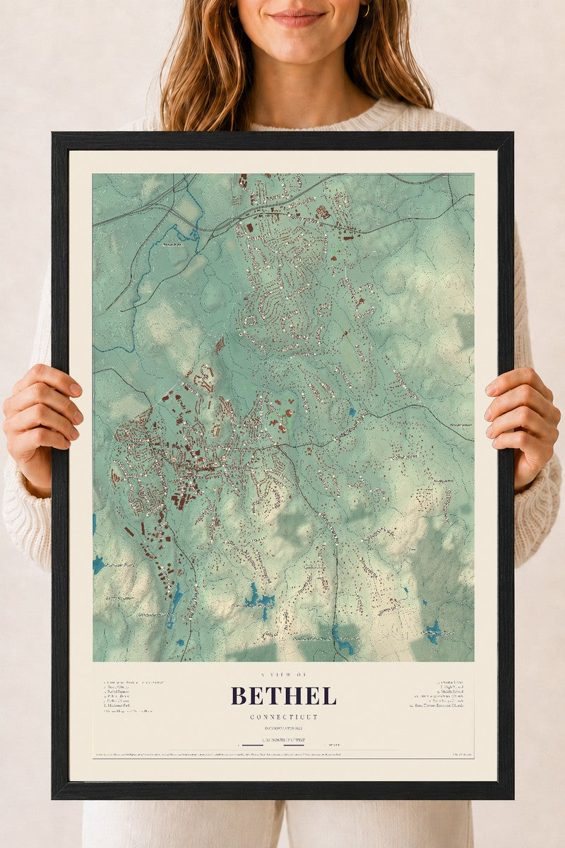 Bethel, Connecticut map print, 18" x 24", W/ Black Ayous Wood Frame