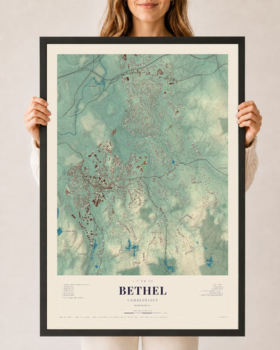 Bethel, Connecticut map print, 24" x 36", W/ Black Ayous Wood Frame