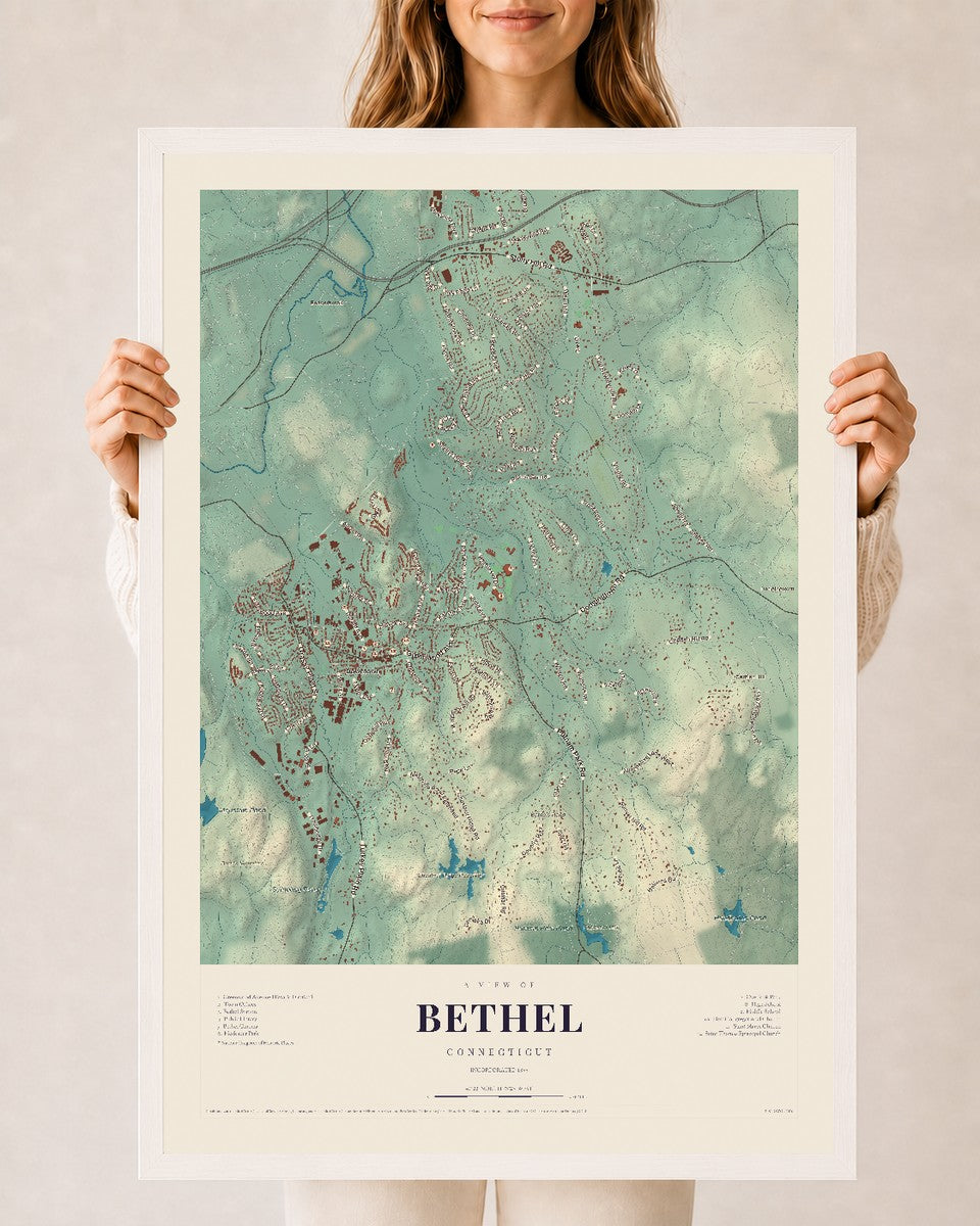 Bethel, Connecticut map print, 24" x 36", W/ White Ayous Wood Frame