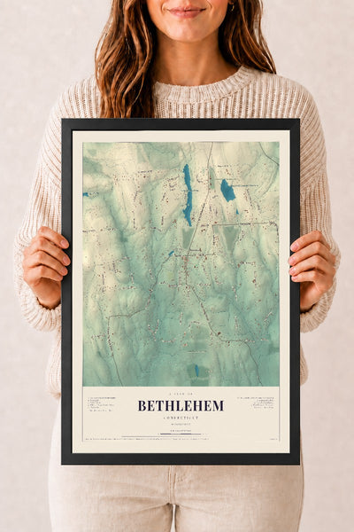Bethlehem, Connecticut map print, 12" x 18", W/ Black Ayous Wood Frame