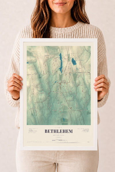 Bethlehem, Connecticut map print, 12" x 18", W/ White Ayous Wood Frame