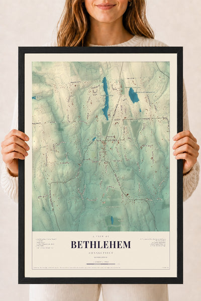 Bethlehem, Connecticut map print, 18" x 24", W/ Black Ayous Wood Frame