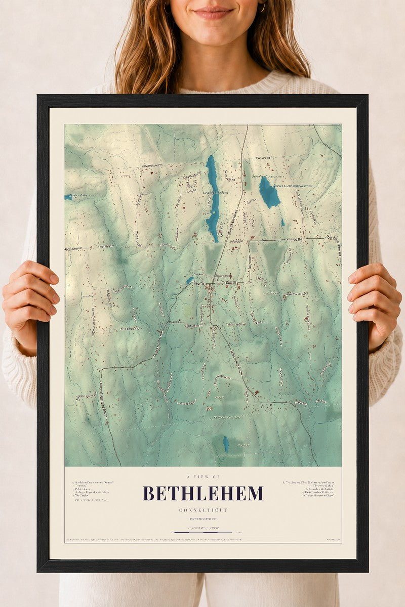 Bethlehem, Connecticut map print, 18" x 24", W/ Black Ayous Wood Frame
