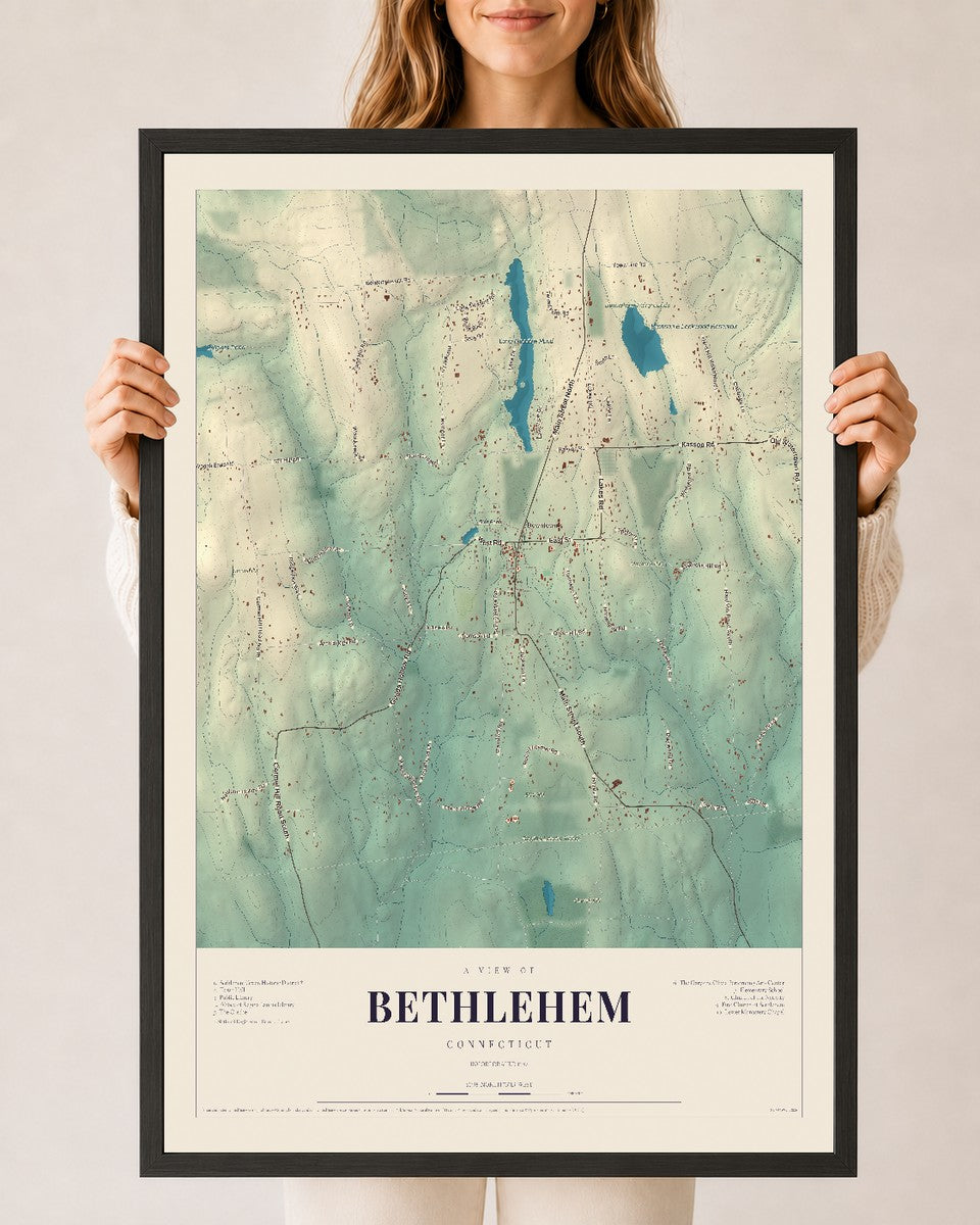 Bethlehem, Connecticut map print, 24" x 36", W/ Black Ayous Wood Frame