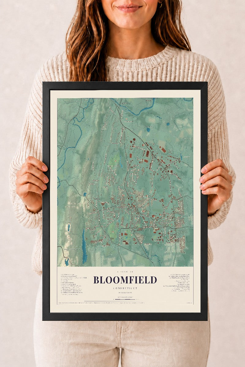 Bloomfield, Connecticut map print, 12" x 18", W/ Black Ayous Wood Frame
