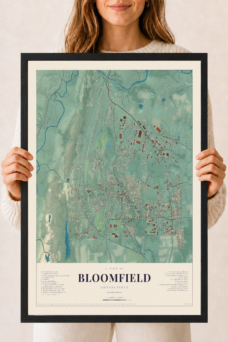 Bloomfield, Connecticut map print, 18" x 24", W/ Black Ayous Wood Frame