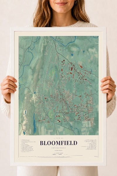 Bloomfield, Connecticut map print, 18" x 24", W/ White Ayous Wood Frame