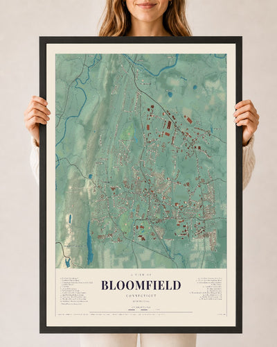 Bloomfield, Connecticut map print, 24" x 36", W/ Black Ayous Wood Frame