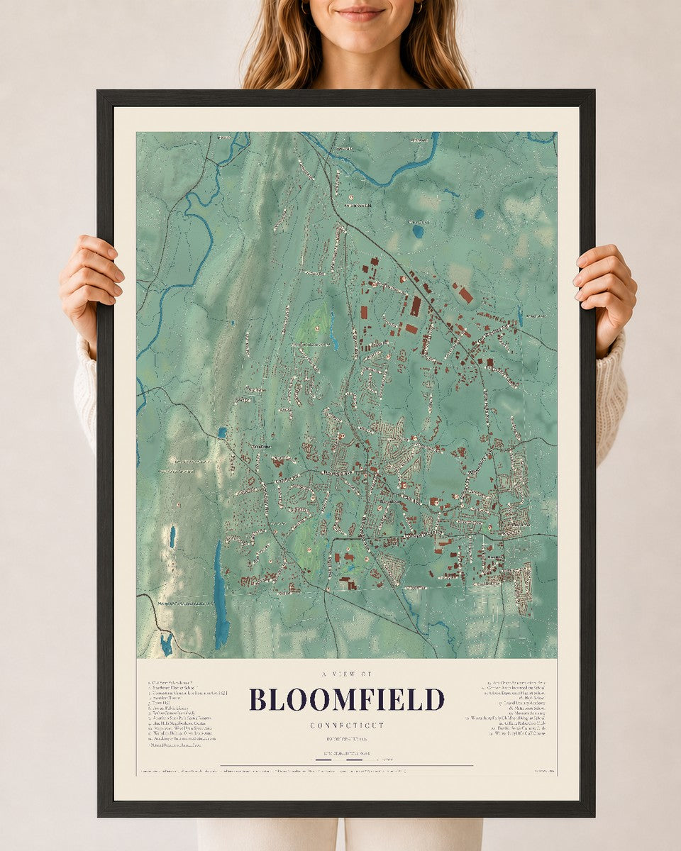 Bloomfield, Connecticut map print, 24" x 36", W/ Black Ayous Wood Frame