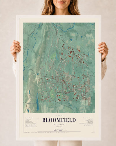 Bloomfield, Connecticut map print, 24" x 36", W/ White Ayous Wood Frame