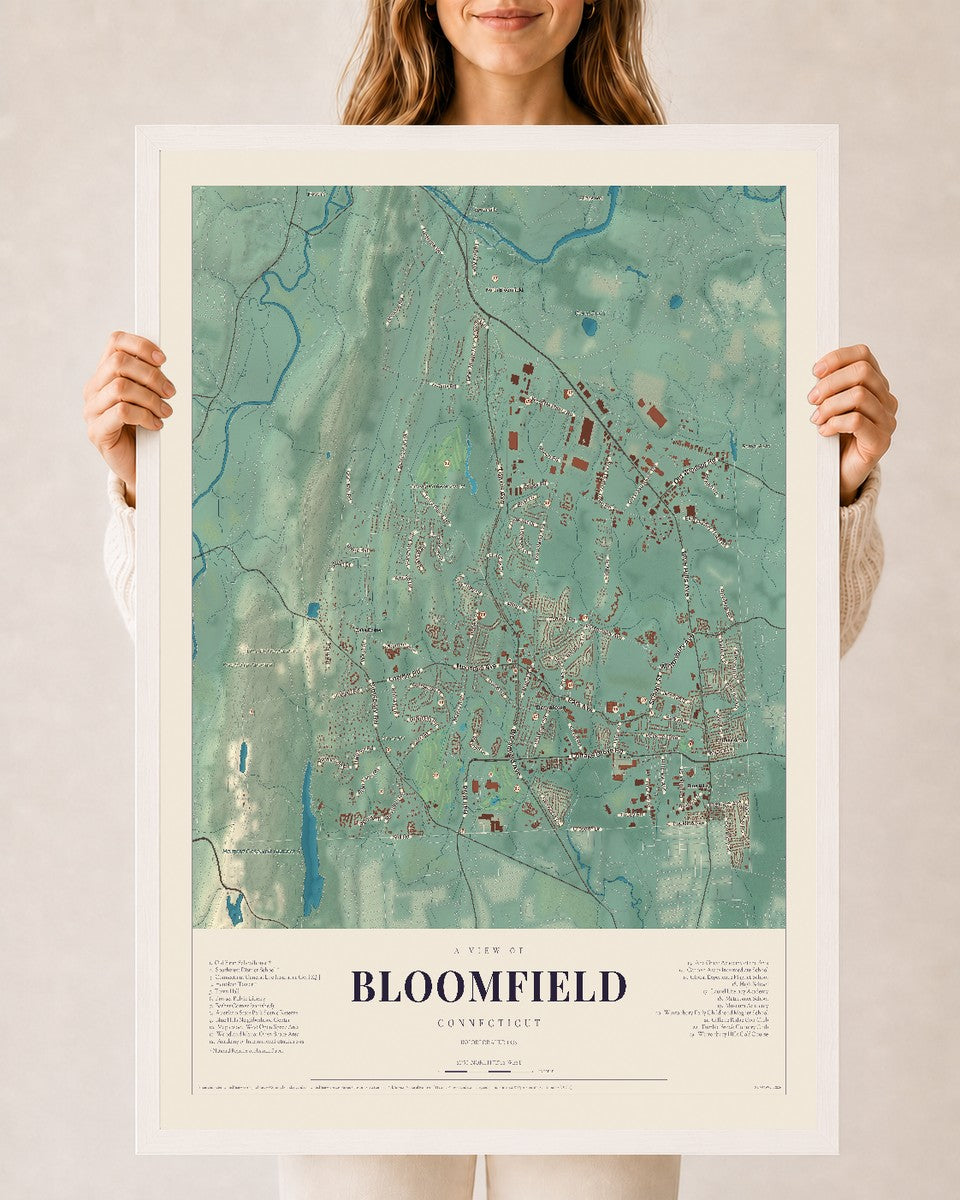 Bloomfield, Connecticut map print, 24" x 36", W/ White Ayous Wood Frame
