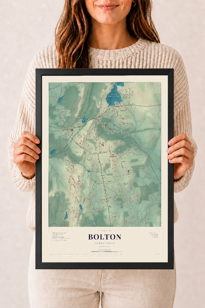 Bolton, Connecticut map print, 12" x 18", W/ Black Ayous Wood Frame