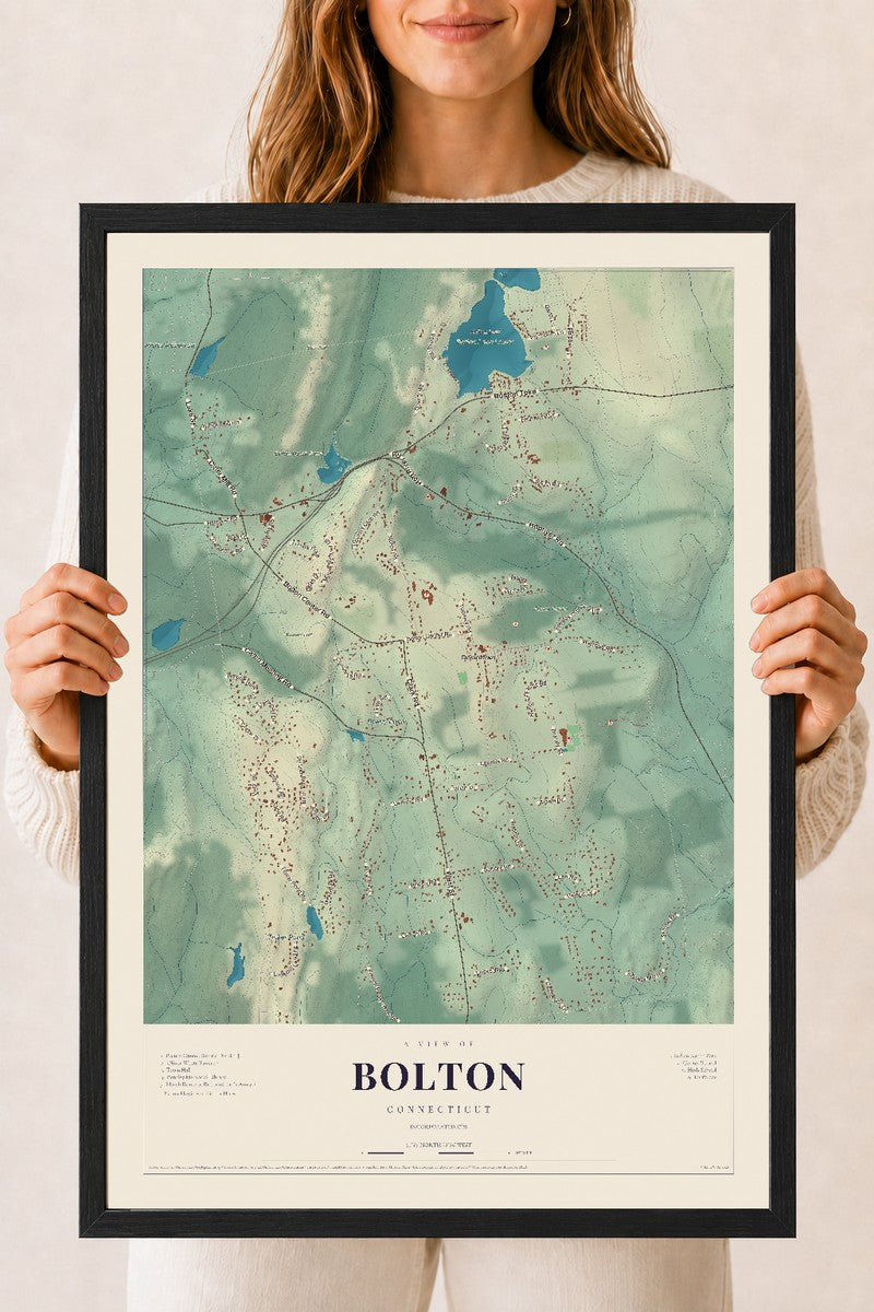 Bolton, Connecticut map print, 18" x 24", W/ Black Ayous Wood Frame