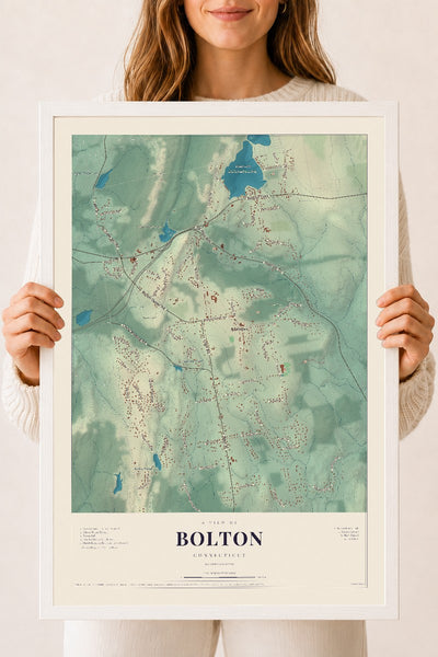 Bolton, Connecticut map print, 18" x 24", W/ White Ayous Wood Frame
