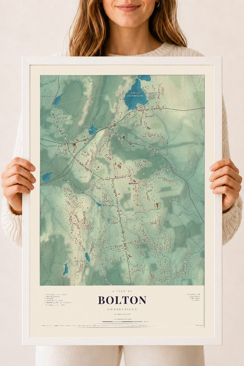 Bolton, Connecticut map print, 18" x 24", W/ White Ayous Wood Frame
