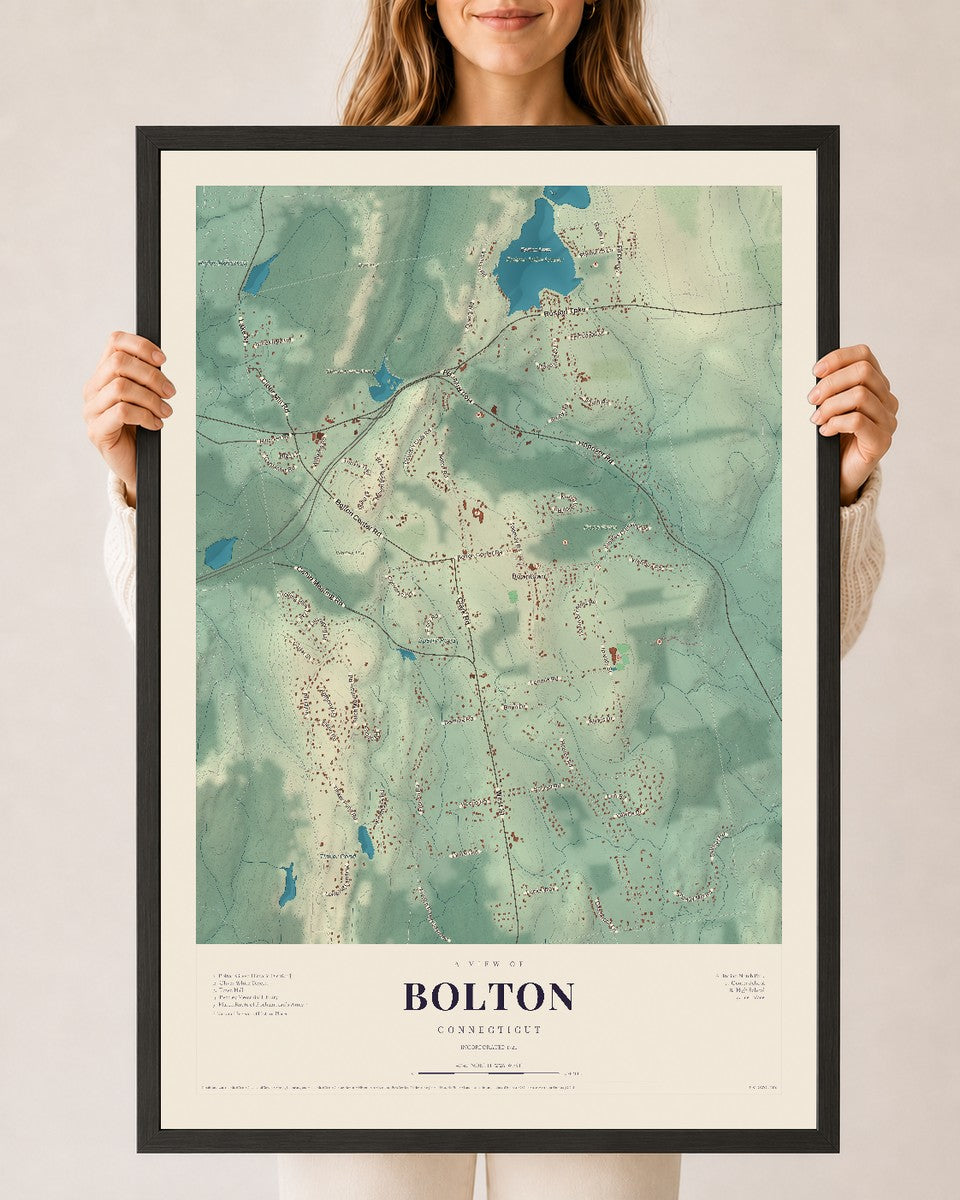 Bolton, Connecticut map print, 24" x 36", W/ Black Ayous Wood Frame