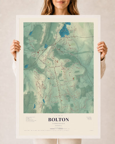 Bolton, Connecticut map print, 24" x 36", W/ White Ayous Wood Frame