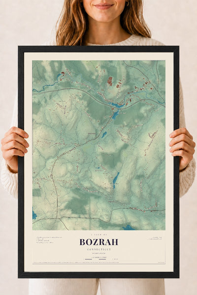 Bozrah, Connecticut map print, 18" x 24", W/ Black Ayous Wood Frame