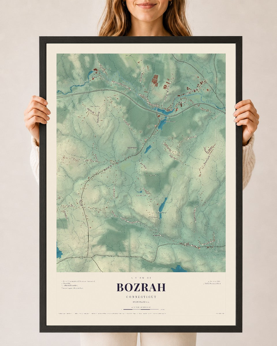Bozrah, Connecticut map print, 24" x 36", W/ Black Ayous Wood Frame