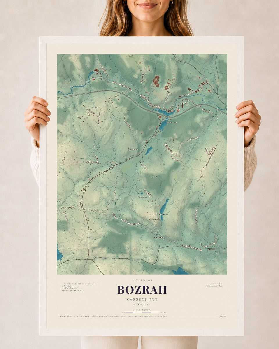 Bozrah, Connecticut map print, 24" x 36", W/ White Ayous Wood Frame