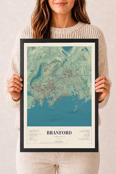 Branford, Connecticut map print, 12" x 18", W/ Black Ayous Wood Frame