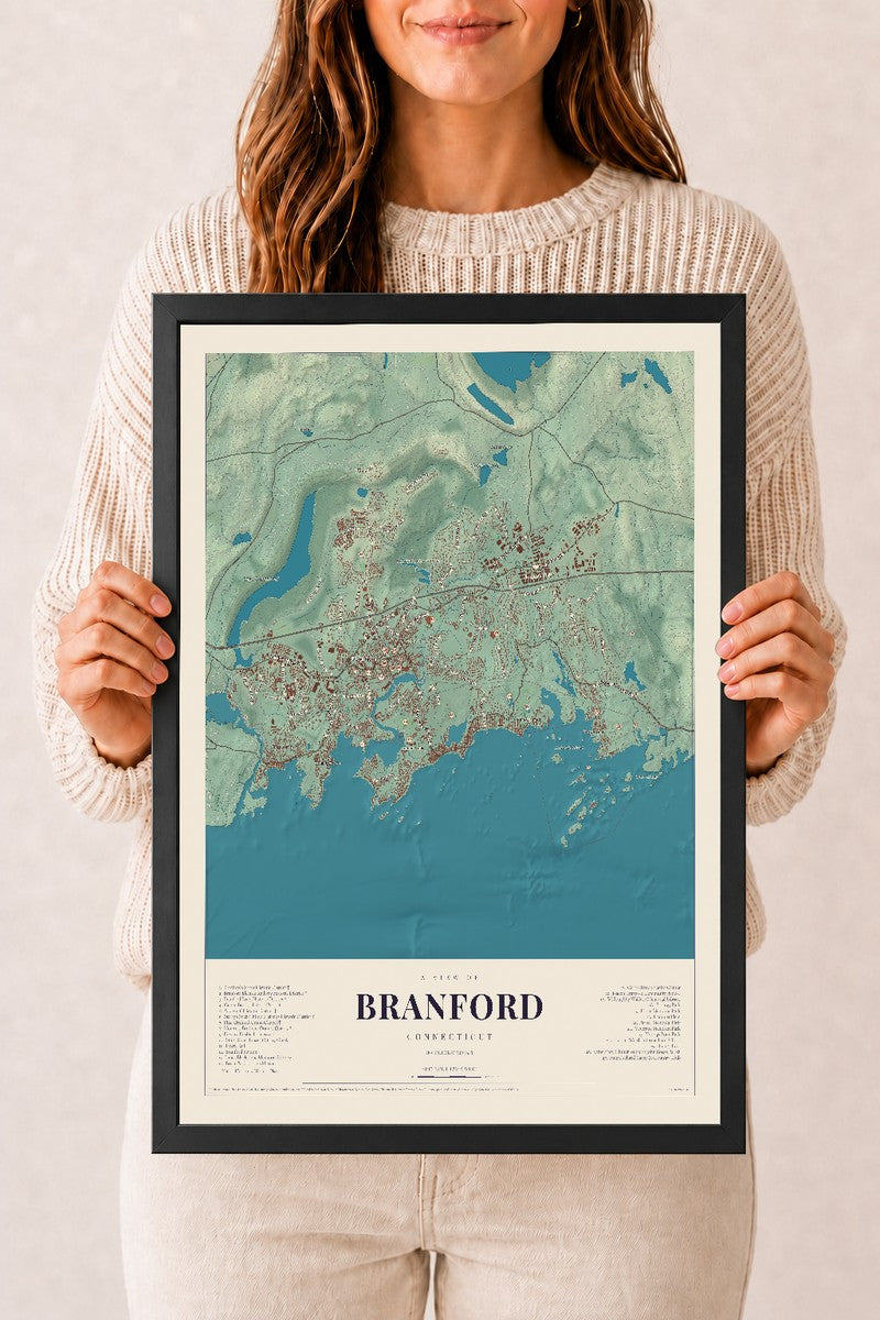 Branford, Connecticut map print, 12" x 18", W/ Black Ayous Wood Frame