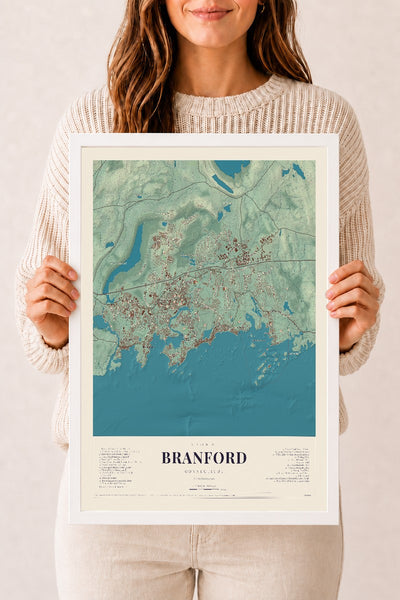 Branford, Connecticut map print, 12" x 18", W/ White Ayous Wood Frame