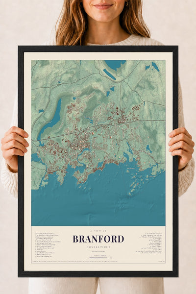 Branford, Connecticut map print, 18" x 24", W/ Black Ayous Wood Frame