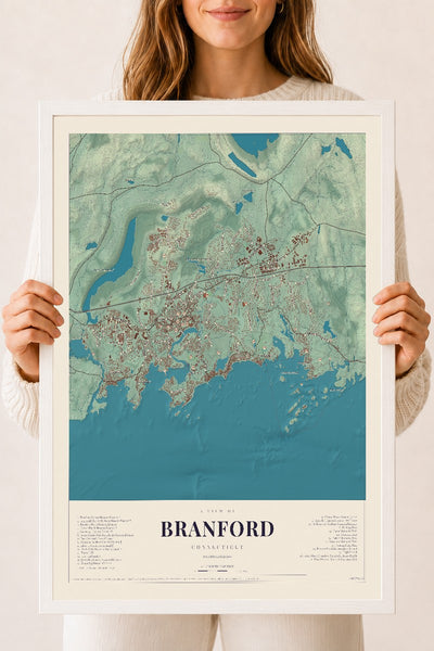 Branford, Connecticut map print, 18" x 24", W/ White Ayous Wood Frame