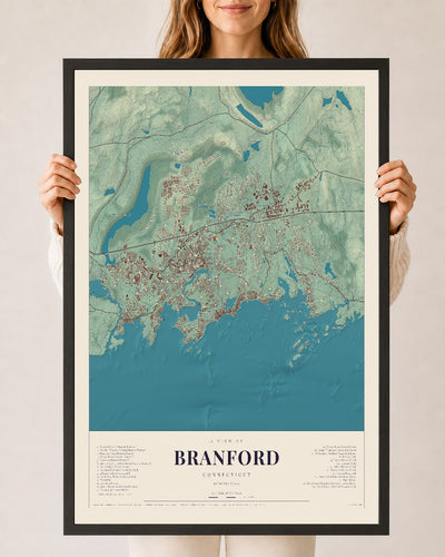 Branford, Connecticut map print, 24" x 36", W/ Black Ayous Wood Frame