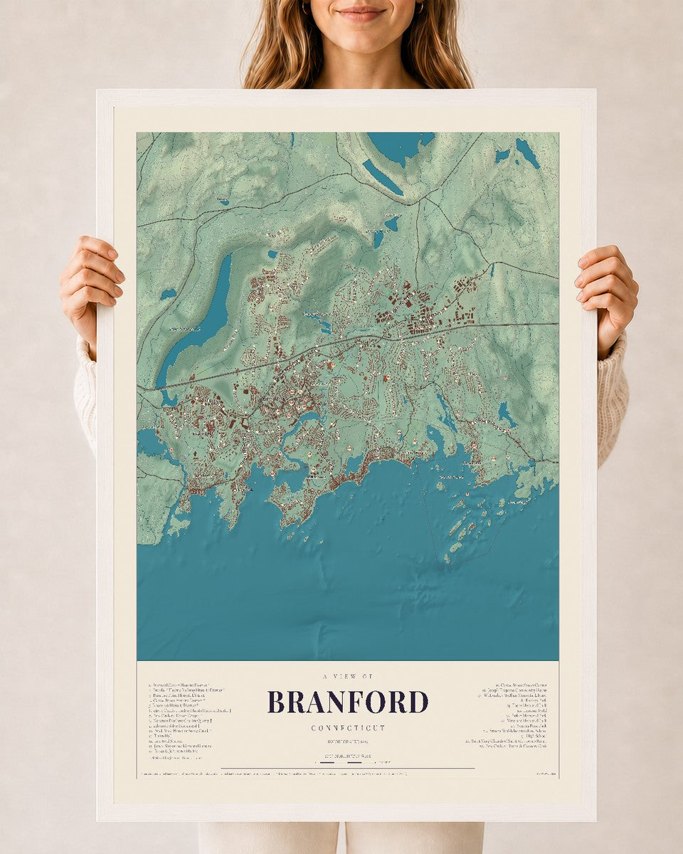 Branford, Connecticut map print, 24" x 36", W/ White Ayous Wood Frame