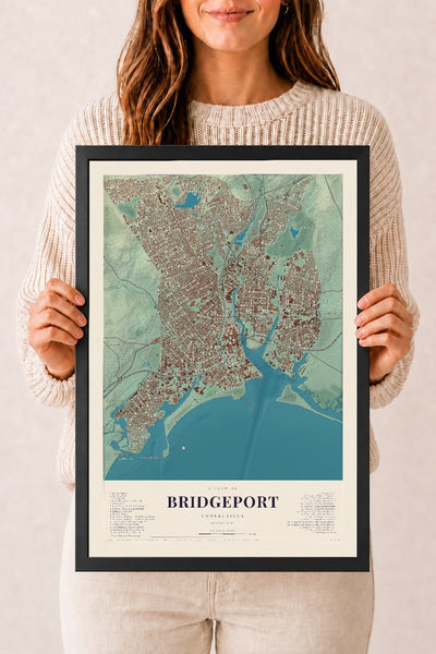 Bridgeport, Connecticut map print, 12" x 18", W/ Black Ayous Wood Frame