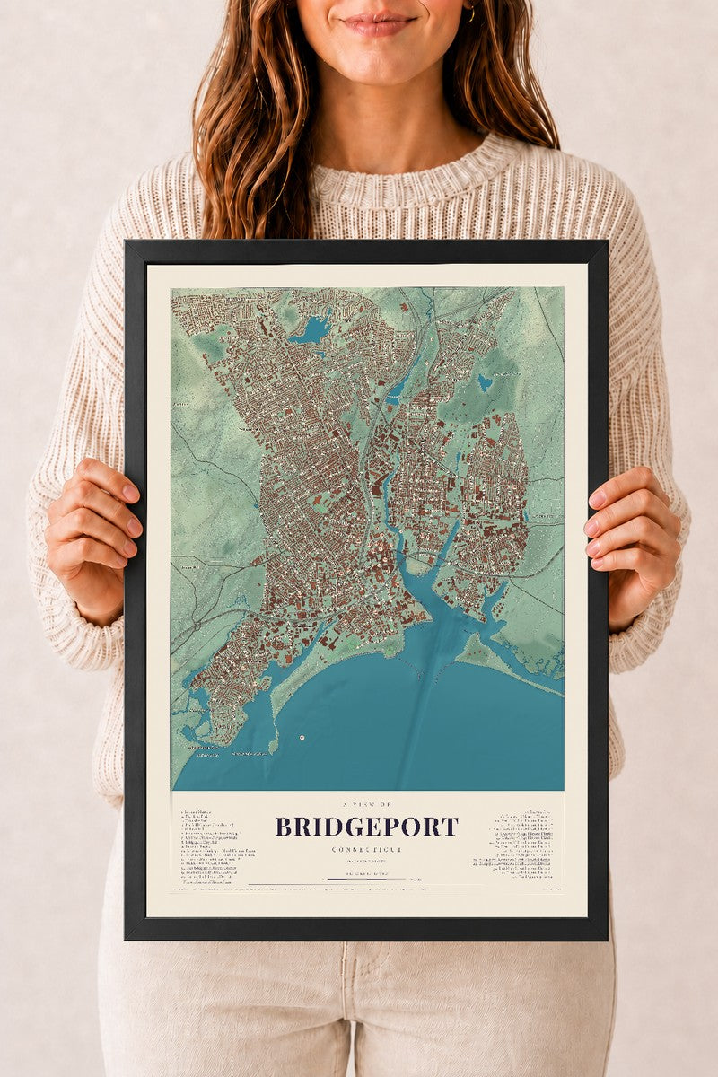 Bridgeport, Connecticut map print, 12" x 18", W/ Black Ayous Wood Frame