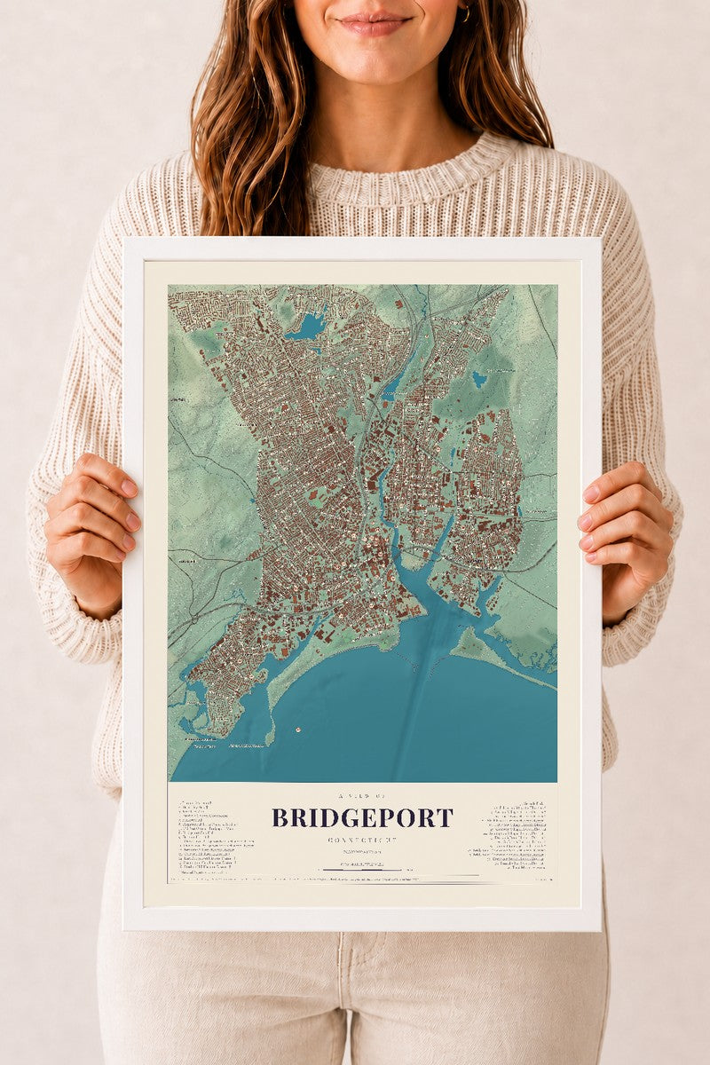 Bridgeport, Connecticut map print, 12" x 18", W/ White Ayous Wood Frame