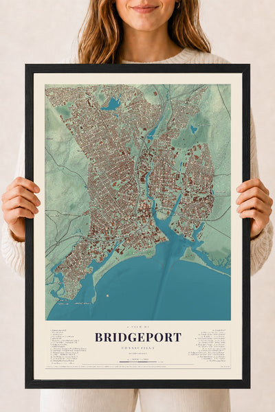 Bridgeport, Connecticut map print, 18" x 24", W/ Black Ayous Wood Frame