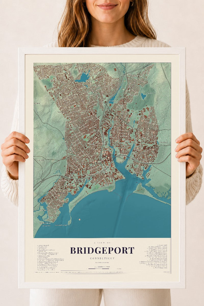 Bridgeport, Connecticut map print, 18" x 24", W/ White Ayous Wood Frame